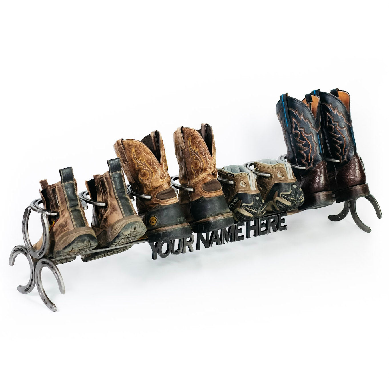 Custom Name Horseshoe Boot Rack - The Heritage Forge