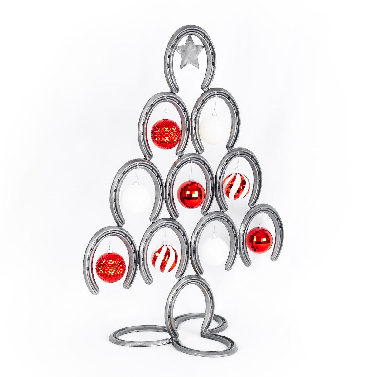 Rustic Horseshoe Christmas Tree with Star and Ornaments - Downward - The Heritage Forge