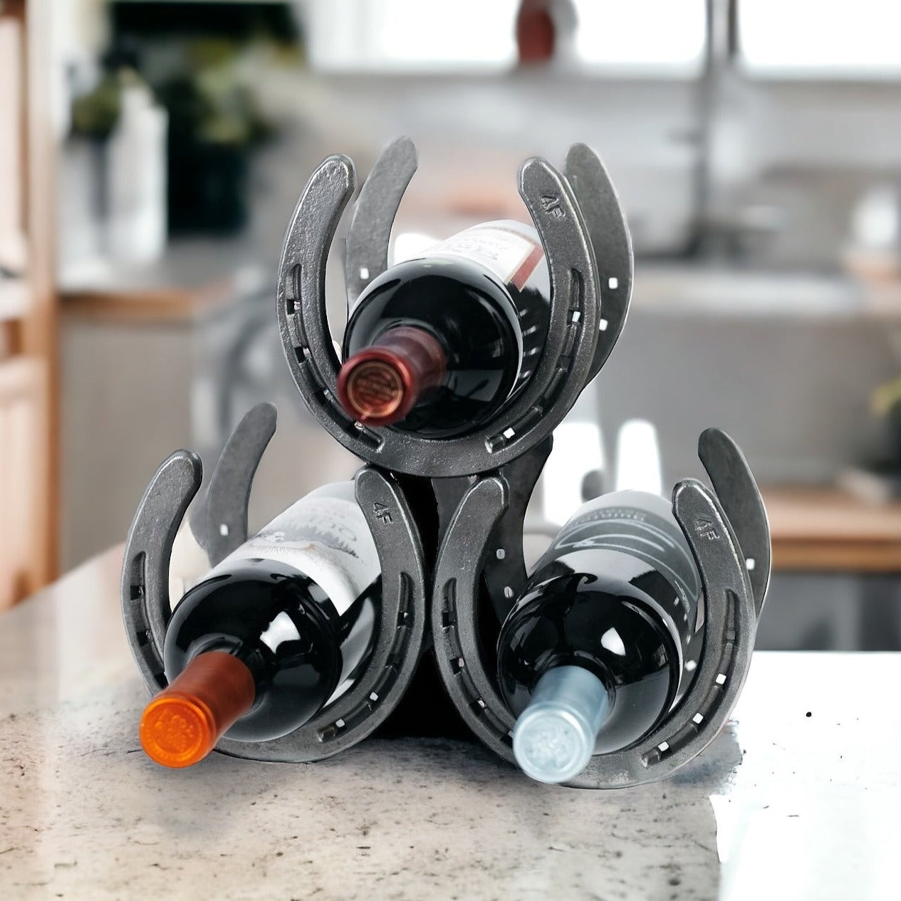 Horseshoe Wine Bottle Holder - 3 Bottles - Handmade Rustic Farmhouse Decor - The Heritage Forge