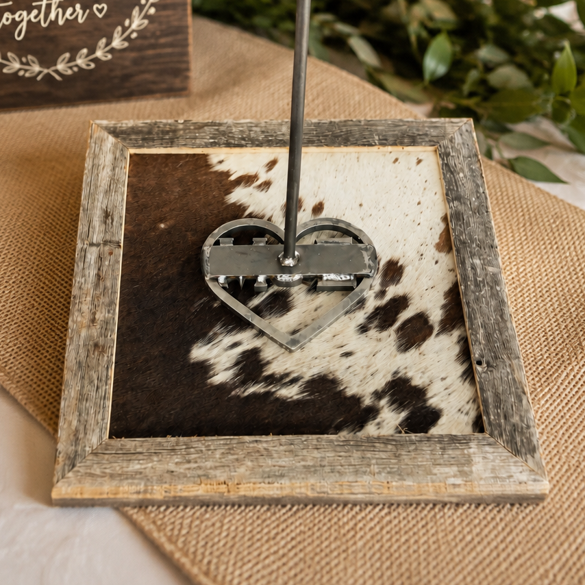 Wedding Branding Ceremony Kit | Cowhide Frame and Custom Heart Monogram Branding Iron