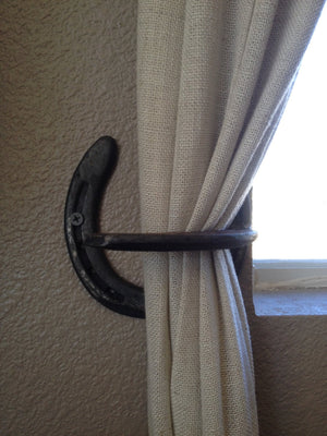 Rustic Horseshoe Curtain Rod Holder and Curtain Tie Back Set - The Heritage Forge
