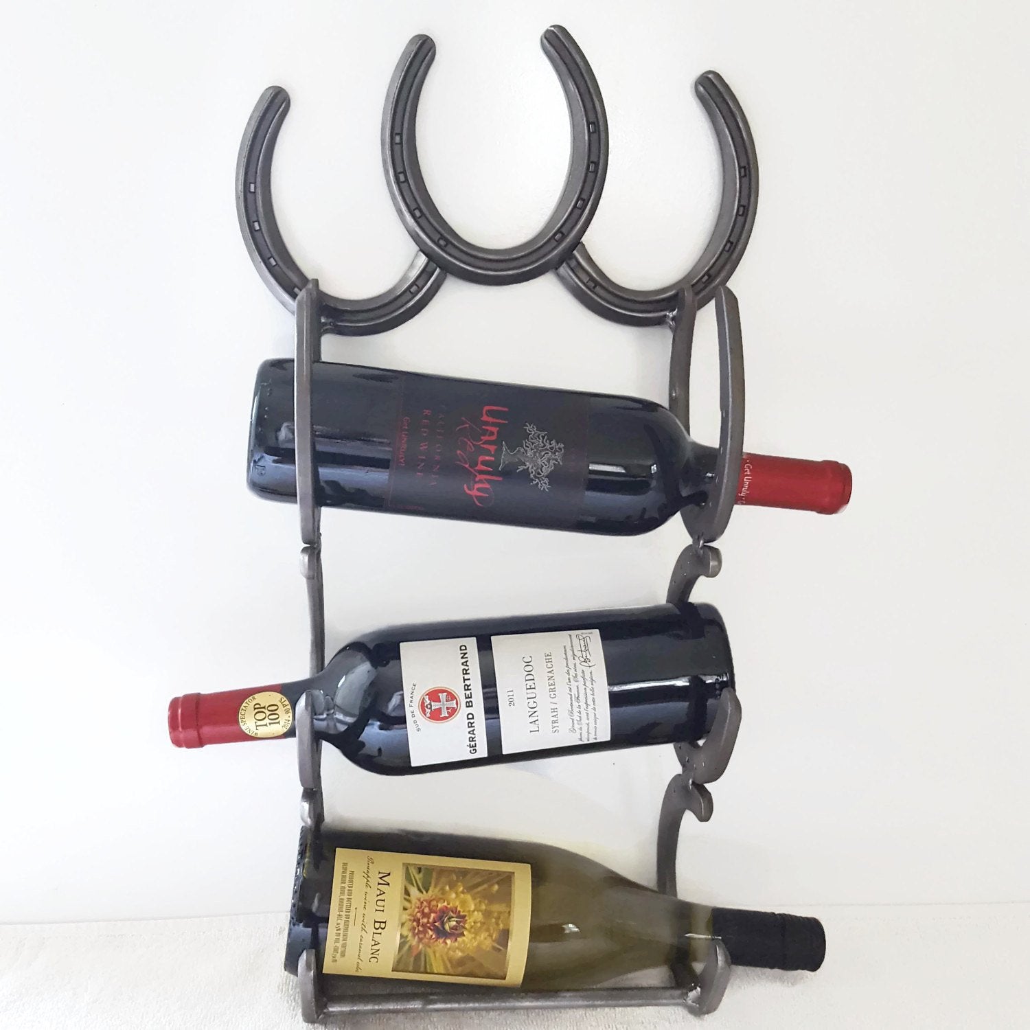 Rustic Horseshoe Wine Bottle Holder - 3 Bottles - The Heritage Forge