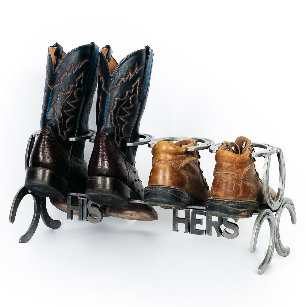 Rustic Standing Horseshoe Boot Rack - 6 Pairs - The Heritage Forge