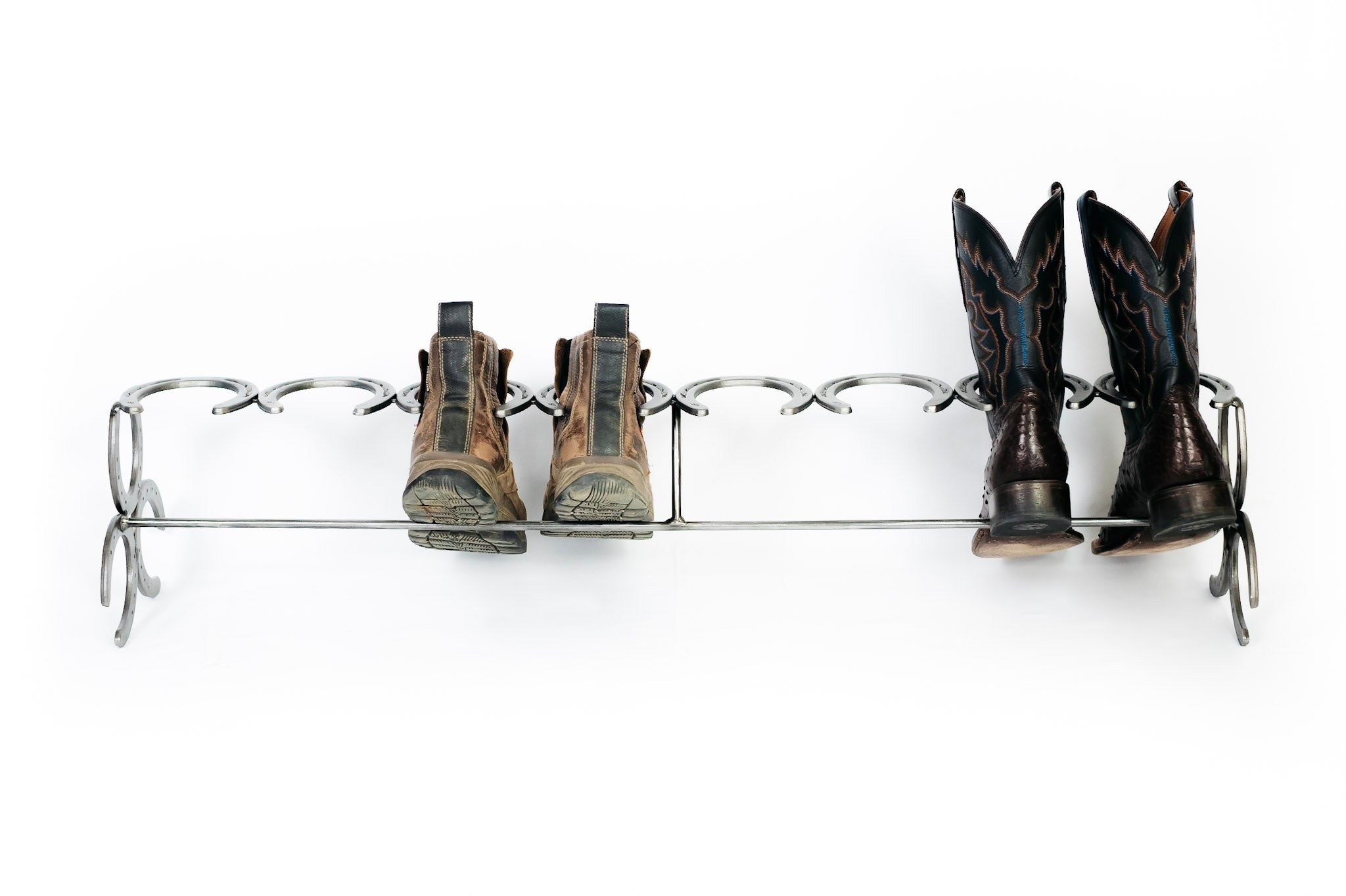 Rustic Standing Horseshoe Boot Rack - 3 Pairs - The Heritage Forge