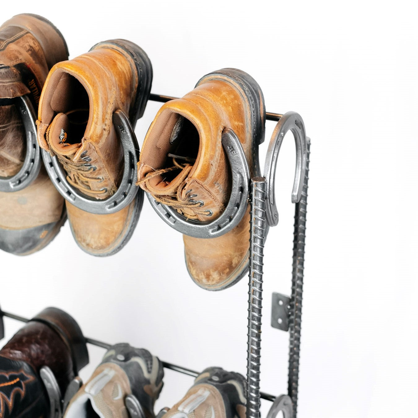 Rustic Standing Horseshoe Boot Rack - 6 Pairs - The Heritage Forge