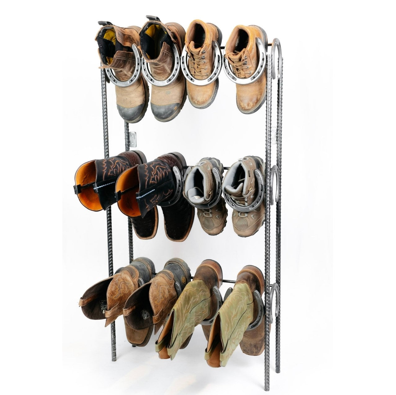 Rustic Standing Horseshoe Boot Rack - 6 Pairs - The Heritage Forge