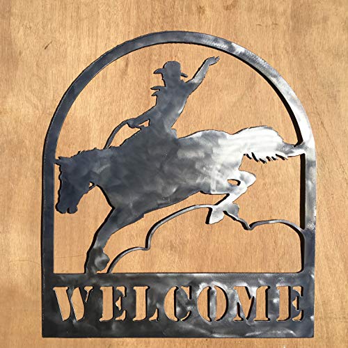 The Heritage Forge Rustic Home, Bucking Bronc Welcome Sign 20 x 17, Motivational, Metal Words, Kitchen Wall Decor, Home Decor, Farmhouse Sign, Motivational
