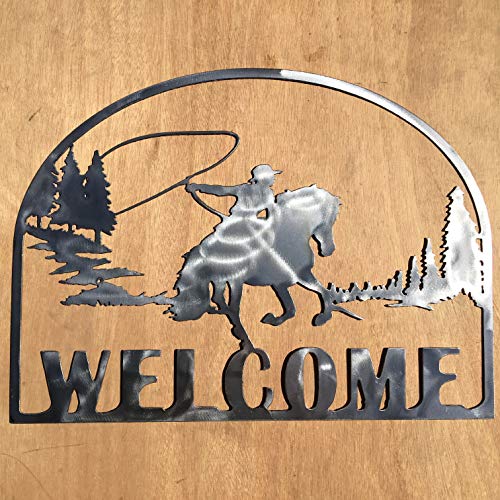 The Heritage Forge Rustic Home, Roping Cowboy Welcome Sign 20 x 15, Farmhouse, Metal Words, Kitchen Wall Decor, Home Decor, Farmhouse Sign, Motivational